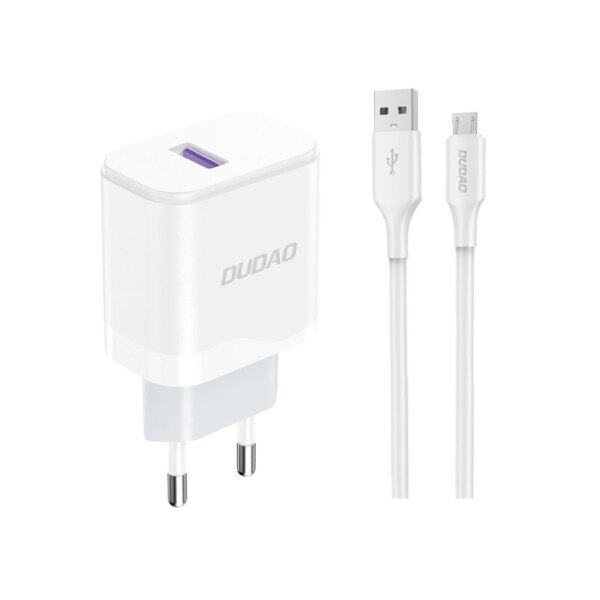 Dudao - Stekker met USB aansluiting (5V) - USB naar Micro USB oplader - 2.4A oplaadkabel - Datakabel - 1 Meter - Wit