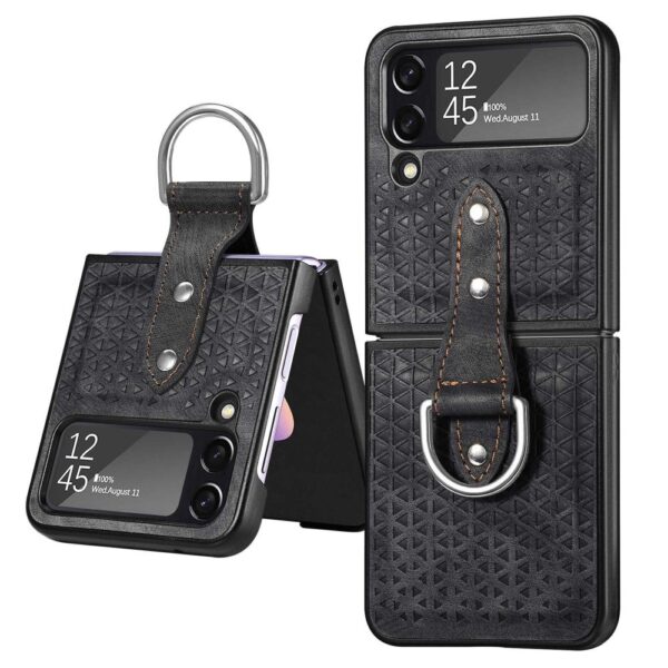 Lunso - Samsung Galaxy Z Flip4 - Kunstleren backcover hoesje met ringhouder - Zwart
