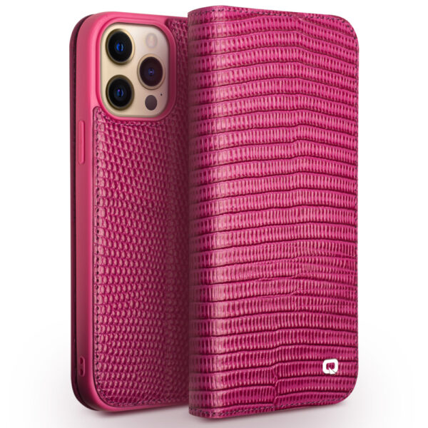 Qialino - lederen luxe bookcase hoes - iPhone 13 Pro - Croco Roze