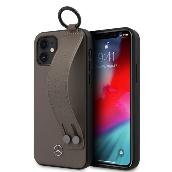 Mercedes - Leren Backcover hoes met Handstrap - iPhone 12 Mini - Bruin + Lunso Tempered Glass