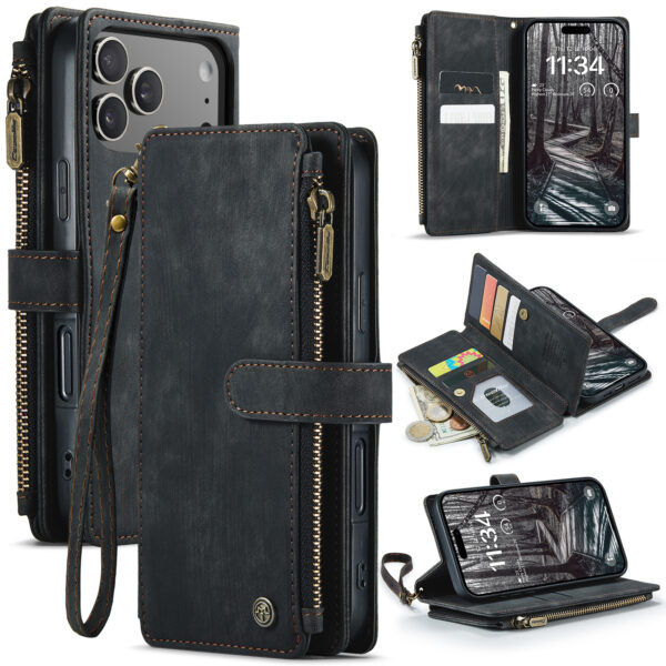 Caseme iPhone 17 Pro PU leren hoesje - portemonnee - Zwart