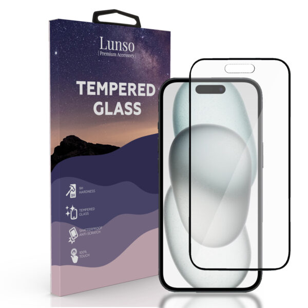 Lunso - iPhone 15 - Gehard Beschermglas - Full Cover Screen protector - Black Edge