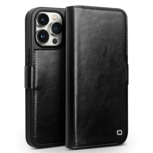 Qialino - iPhone 15 Pro Max - Leren bookcase hoes - Zwart