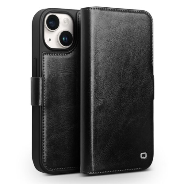 Qialino - iPhone 15 Plus - Leren bookcase hoes - Zwart
