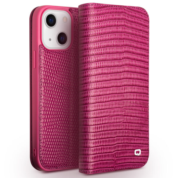 Qialino - lederen luxe bookcase hoes - iPhone 13 Mini - Croco Roze