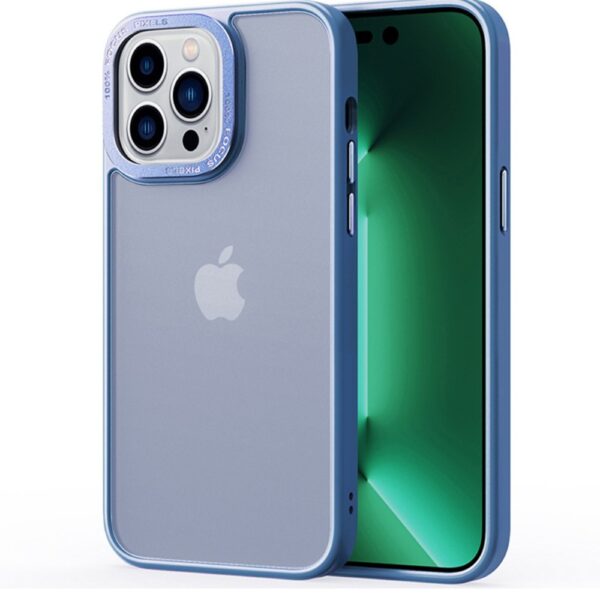 Lunso - iPhone 15 Pro Max - Back cover hoesje - Metalen ring Lichtblauw