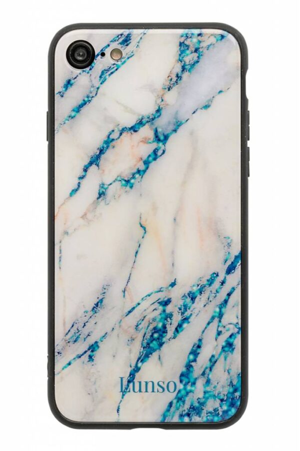 Lunso - marmeren backcover hoes - iPhone SE (2022 / 2020) / 8 / 7 / 6(s) - lichtblauw