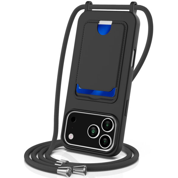 Lunso iPhone 17 Pro - Telefoonhoes met koord en kaarthouder - Zwart
