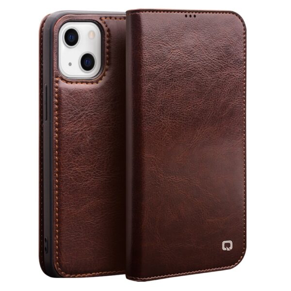 Qialino - lederen luxe bookcase hoes - iPhone 13 Mini - Bruin