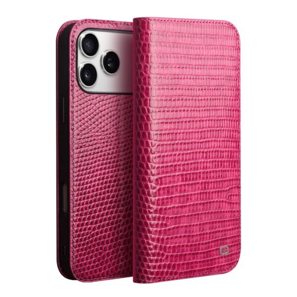 Qialino iPhone 17 Pro hoesje - Leren bookcase - Croco Roze