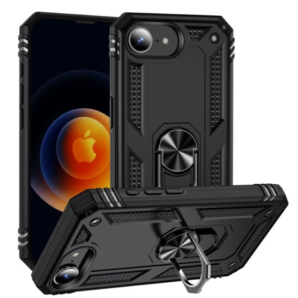 Lunso iPhone 16e hoesje - Armor backcover met ringhouder - Zwart