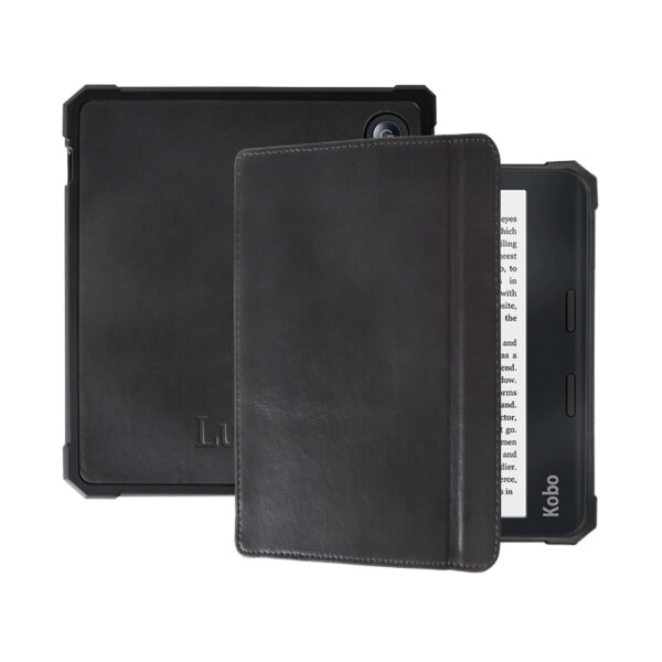 Lunso - Kobo Libra 2 hoes (7 inch) - Lederen sleep cover - Zwart