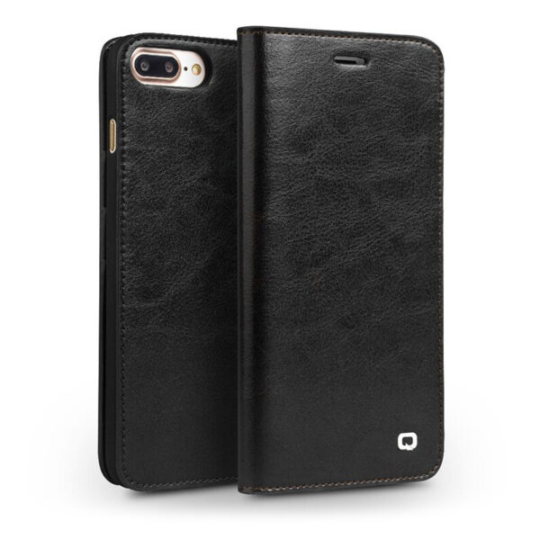 Qialino - echt lederen luxe wallet hoes - iPhone SE (2022 / 2020) / 8 / 7 / 6(s) - Zwart